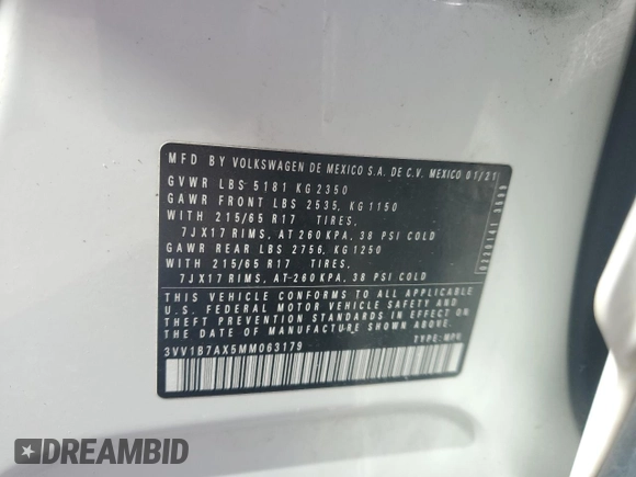 2021 Volkswagen Tiguan S with VIN 3VV1B7AX5MM063179, listed as a Copart auction lot 46651655 with Not provided miles and Salvage title. Bid and sale history available at DreamBid. Image 12.