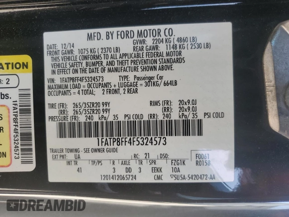 2015 Ford Mustang GT Premium with VIN 1FATP8FF4F5324573, listed as a Copart auction lot 50920815 with 82,187 mi miles and Salvage Title. Bid and sale history available at DreamBid. Image 13.