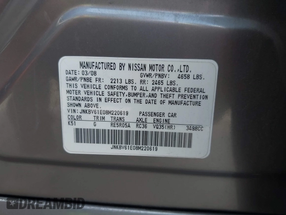 2008 Infiniti G35 Journey with VIN JNKBV61E08M220619, listed as a IAAI auction lot 42201762 with 218,586 mi miles and . Bid and sale history available at DreamBid. Image 9.