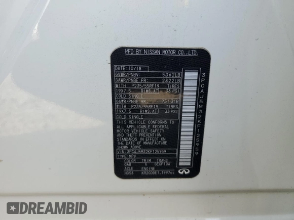 2019 Infiniti QX50 LUXE with VIN 3PCAJ5M32KF125959, listed as a Copart auction lot 39181773 with 76,740 mi miles. Bid and sale history available at carsss.com. Image 16.