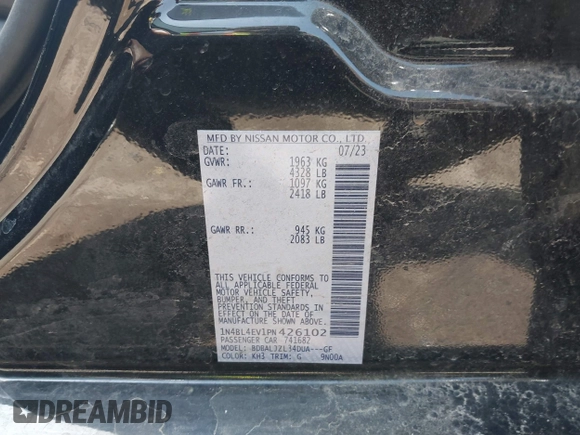 2023 Nissan Altima SL with VIN 1N4BL4EV1PN426102, listed as a IAAI auction lot 41972000 with 15,854 mi miles and . Bid and sale history available at DreamBid. Image 9.