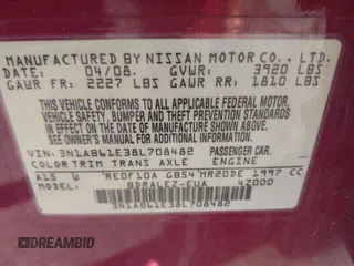 2008 Nissan Sentra S with VIN 3N1AB61E38L708482, listed as a IAAI auction lot 42295040 with Not provided miles and . Bid and sale history available at DreamBid. Image 9.