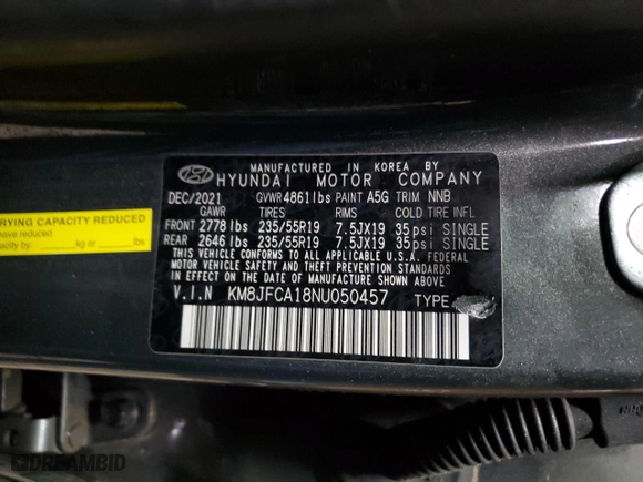 2022 Hyundai Tucson Hybrid SEL Convenience with VIN KM8JFCA18NU050457, listed as a Copart auction lot 45457215 with 86,512 mi miles and Salvage Title. Bid and sale history available at carsss.com. Image 13.