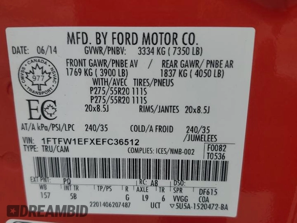 2014 Ford F-150 XL with VIN 1FTFW1EFXEFC36512, listed as a Copart auction lot 62715365 with 173,909 mi miles and Clean title. Bid and sale history available at DreamBid. Image 12.