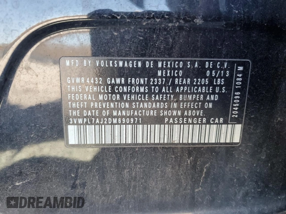 2013 Volkswagen Jetta TDI w/Sunroof with VIN 3VWPL7AJ2DM690971, listed as a Copart auction lot 47511624 with 187,535 mi miles and Salvage title. Bid and sale history available at DreamBid. Image 12.