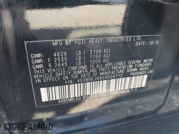 2016 Subaru Legacy 3.6R Limited with VIN 4S3BNEJ68G3020712, listed as a IAAI auction lot 41887152 with 92,009 mi miles. Bid and sale history available at carsss.com. Image 9.