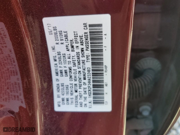 2017 Honda Accord Sedan LX with VIN 1HGCR2F34HA232463, listed as a Copart auction lot 50269365 with 41,651 mi miles and Salvage Title. Bid and sale history available at carsss.com. Image 12.