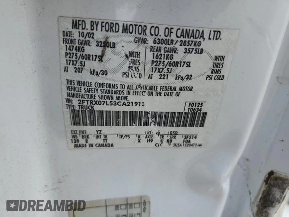2003 Ford F-150 XL with VIN 2FTRX07L53CA21913, listed as a Copart auction lot 55483045 with 172,637 mi miles and Salvage title. Bid and sale history available at DreamBid. Image 12.