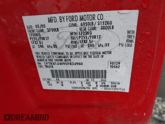 2005 Ford F-150 STX with VIN 1FTRX14W95FB24960, listed as a IAAI auction lot 42365376 with 219,674 mi miles and . Bid and sale history available at DreamBid. Image 9.