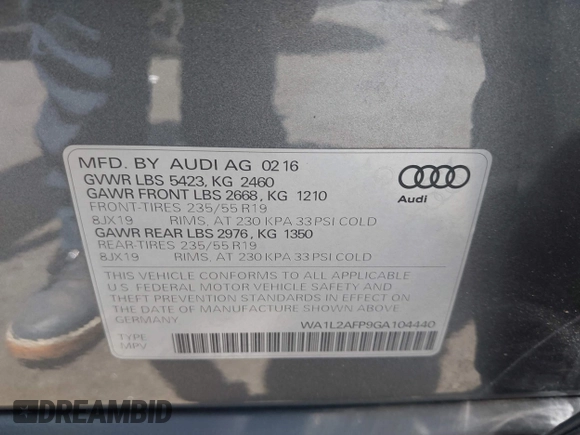 2016 Audi Q5 Premium Plus z VIN WA1L2AFP9GA104440, wystawiony jako IAAI lot #42598977 z przebiegiem 101 167 mil mil oraz . Historia ofert i sprzedaży dostępna na DreamBid. Obrazek 9.