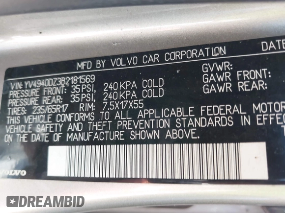 2011 Volvo XC60 3.2L with VIN YV4940DZ3B2181569, listed as a IAAI auction lot 42741964 with 220,184 mi miles and . Bid and sale history available at DreamBid. Image 9.