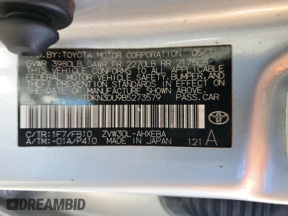 2011 Toyota Prius I with VIN JTDKN3DU9B5273579, listed as a Copart auction lot 47318515 with 121,317 mi miles and Salvage Title. Bid and sale history available at DreamBid. Image 12.