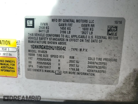 2017 Chevrolet Traverse LT with VIN 1GNKRGKD2HJ185642, listed as a Copart auction lot 51357735 with 93,141 mi miles and Salvage Title. Bid and sale history available at DreamBid. Image 13.