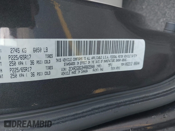 2017 Dodge Grand Caravan SE with VIN 2C4RDGBG3HR865948, listed as a IAAI auction lot 41916859 with 137,448 mi miles and . Bid and sale history available at DreamBid. Image 9.
