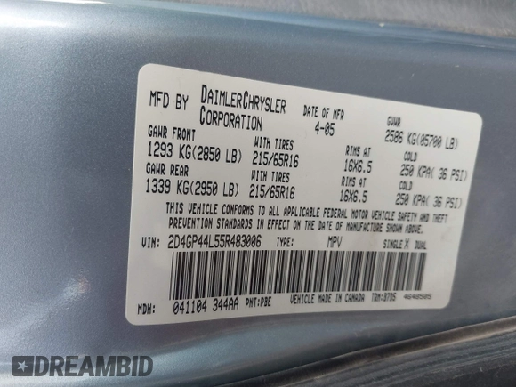 2005 Dodge Caravan SXT with VIN 2D4GP44L55R483006, listed as a IAAI auction lot 42636765 with 307,331 mi miles and . Bid and sale history available at DreamBid. Image 9.