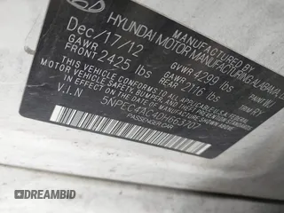 2013 Hyundai Sonata Limited with VIN 5NPEC4AC4DH663707, listed as a IAAI auction lot 41922352 with 165,101 mi miles and . Bid and sale history available at DreamBid. Image 9.