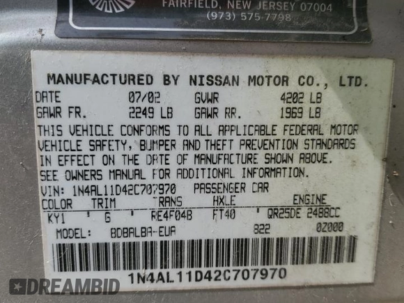 2002 Nissan Altima S with VIN 1N4AL11D42C707970, listed as a Copart auction lot 50144965 with 183,569 mi miles and Non Repairable. Bid and sale history available at carsss.com. Image 12.