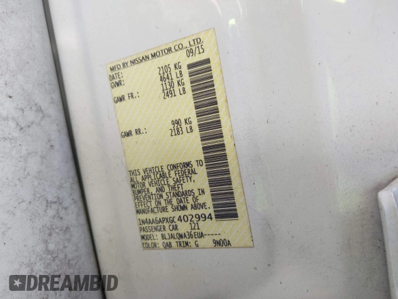2016 Nissan Maxima SV with VIN 1N4AA6APXGC402994, listed as a IAAI auction lot 41741709 with 96,681 mi miles and . Bid and sale history available at DreamBid. Image 9.