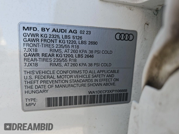 2023 Audi Q3 S line Premium with VIN WA1DECF3XP1106668, listed as a IAAI auction lot 42845143 with 46,005 mi miles and . Bid and sale history available at DreamBid. Image 39.
