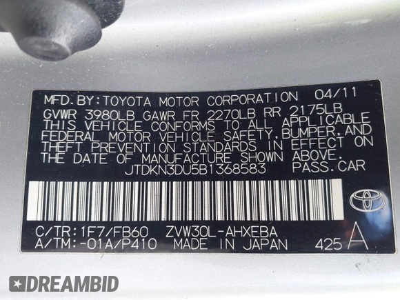 2011 Toyota Prius I z VIN JTDKN3DU5B1368583, wystawiony jako IAAI lot #42303542 z przebiegiem 220 931 mil mil oraz . Historia ofert i sprzedaży dostępna na DreamBid. Obrazek 9.