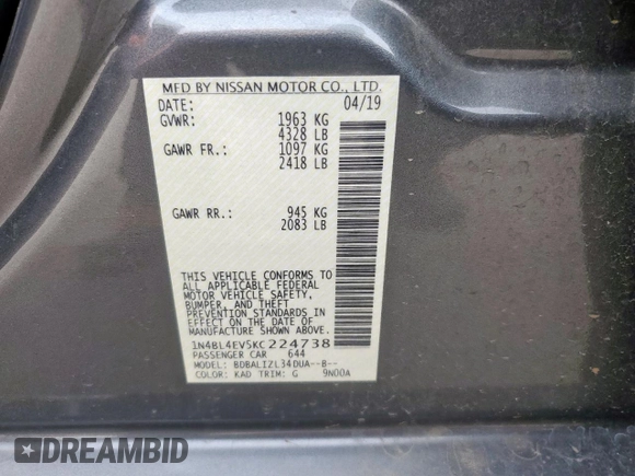 2019 Nissan Altima SL with VIN 1N4BL4EV5KC224738, listed as a Copart auction lot 51417615 with 126,111 mi miles and Salvage Title. Bid and sale history available at DreamBid. Image 15.