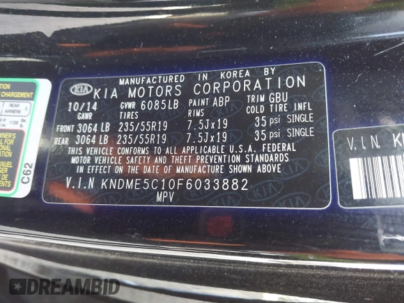 2015 Kia Sedona SX-L with VIN KNDME5C10F6033882, listed as a IAAI auction lot 41808805 with 81,936 mi miles and . Bid and sale history available at DreamBid. Image 9.