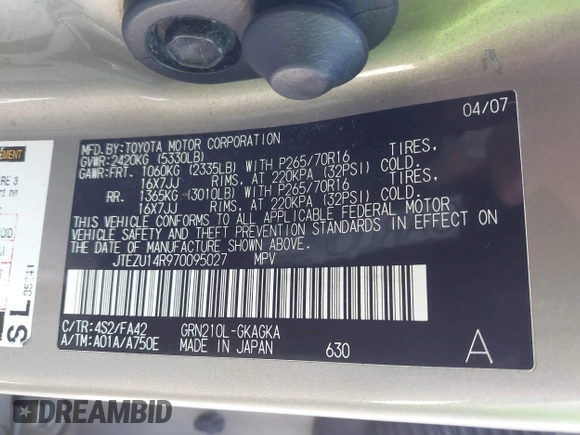 2007 Toyota 4Runner SR5 with VIN JTEZU14R970095027, listed as a IAAI auction lot 41676068 with 212,288 mi miles and . Bid and sale history available at DreamBid. Image 9.