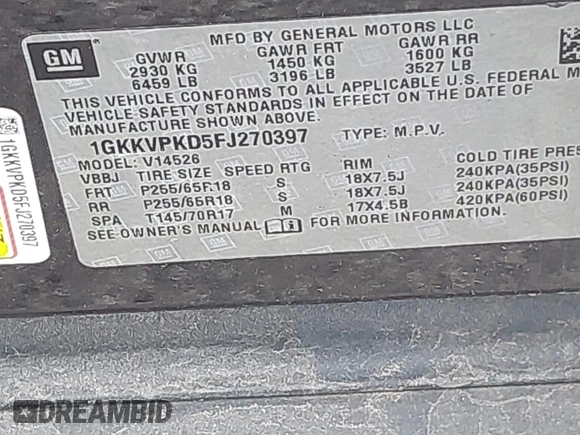 2015 GMC Acadia SLE with VIN 1GKKVPKD5FJ270397, listed as a IAAI auction lot 42266603 with 87,724 mi miles and . Bid and sale history available at DreamBid. Image 9.