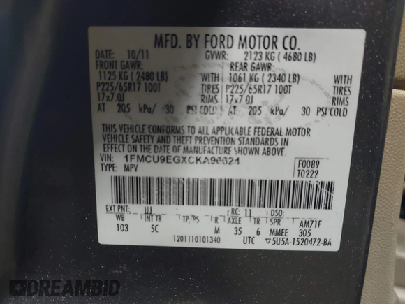 2012 Ford Escape Limited with VIN 1FMCU9EGXCKA96624, listed as a IAAI auction lot 42205141 with 163,223 mi miles. Bid and sale history available at carsss.com. Image 9.
