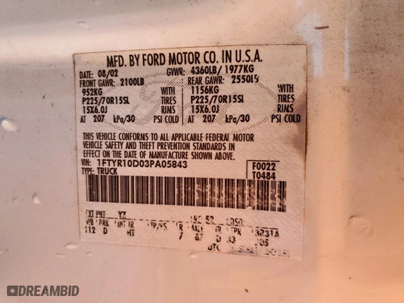 2003 Ford Ranger XL with VIN 1FTYR10D03PA05843, listed as a Copart auction lot 47582755 with 264,636 mi miles and Salvage Title. Bid and sale history available at carsss.com. Image 13.