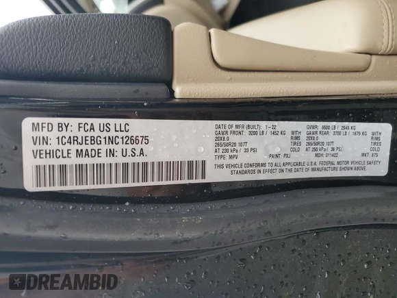 2022 Jeep Grand Cherokee Limited with VIN 1C4RJEBG1NC126675, listed as a Copart auction lot 56069125 with 42,648 mi miles and Salvage title. Bid and sale history available at DreamBid. Image 14.