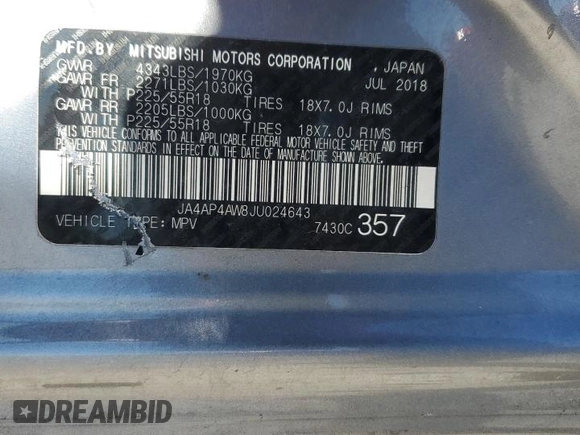 2018 Mitsubishi Outlander SEL z VIN JA4AP4AW8JU024643, wystawiony jako Copart lot #45747595 z przebiegiem Nie podano mil oraz Szkoda całkowita • Salvage title. Historia ofert i sprzedaży dostępna na DreamBid. Obrazek 13.