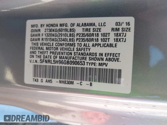 2016 Honda Odyssey Touring Elite with VIN 5FNRL5H96GB090653, listed as a IAAI auction lot 41720195 with 68,969 mi miles. Bid and sale history available at carsss.com. Image 9.