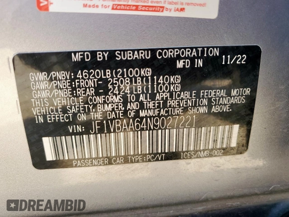 2022 Subaru WRX with VIN JF1VBAA64N9027221, listed as a Copart auction lot 56985005 with 22,787 mi miles and Salvage title. Bid and sale history available at DreamBid. Image 13.