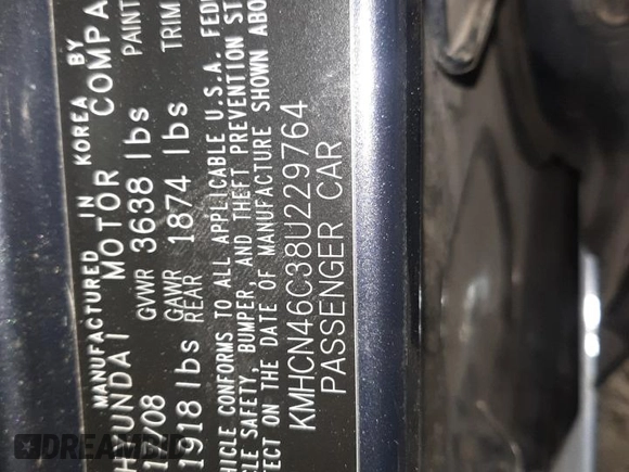 2008 Hyundai Accent GLS with VIN KMHCN46C38U229764, listed as a Copart auction lot 41918725 with 0 mi miles and Salvage Title. Bid and sale history available at carsss.com. Image 12.