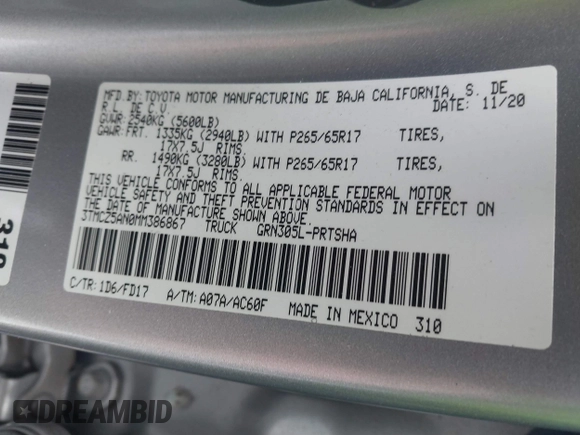 2021 Toyota Tacoma SR z VIN 3TMCZ5AN0MM386867, wystawiony jako IAAI lot #41580426 z przebiegiem 46 559 mil mil oraz . Historia ofert i sprzedaży dostępna na DreamBid. Obrazek 9.