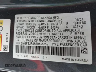 2024 Honda Civic Sedan Sport with VIN 2HGFE2F58RH595359, listed as a IAAI auction lot 41874949 with 15,897 mi miles. Bid and sale history available at carsss.com. Image 9.