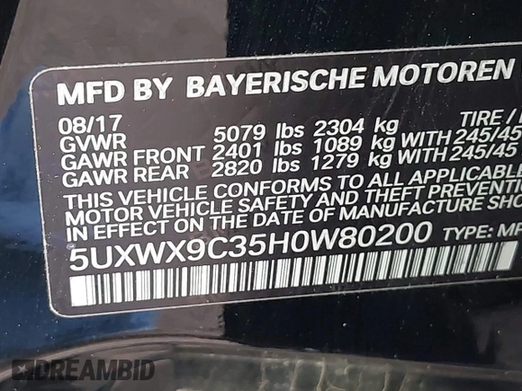 2017 BMW X3 xDrive28i with VIN 5UXWX9C35H0W80200, listed as a IAAI auction lot 42117600 with 80,255 mi miles and . Bid and sale history available at DreamBid. Image 9.