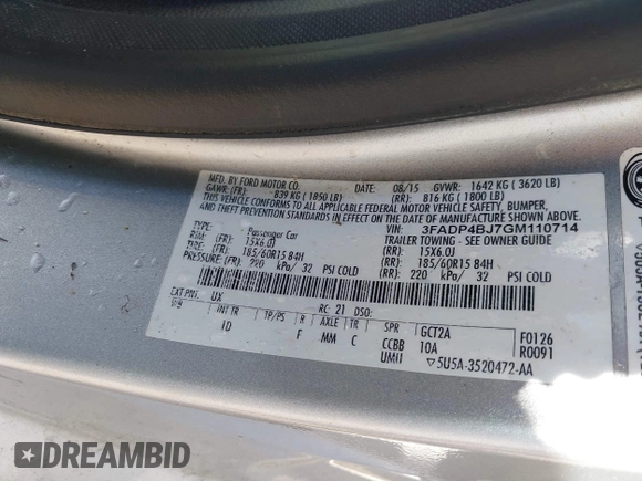 2016 Ford Fiesta SE with VIN 3FADP4BJ7GM110714, listed as a IAAI auction lot 41989876 with Not Provided miles and . Bid and sale history available at DreamBid. Image 9.