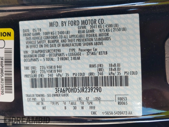 2018 Ford Fusion SE with VIN 3FA6P0HD5JR239290, listed as a IAAI auction lot 41810137 with 43,202 mi miles. Bid and sale history available at carsss.com. Image 9.
