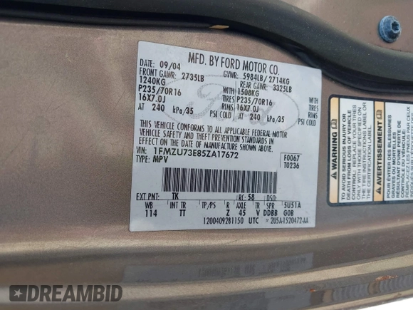 2005 Ford Explorer XLT with VIN 1FMZU73E85ZA17672, listed as a IAAI auction lot 42280036 with 211,536 mi miles and . Bid and sale history available at DreamBid. Image 9.