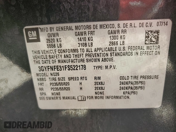 2015 Cadillac SRX Performance Collection with VIN 3GYFNFE31FS522178, listed as a Copart auction lot 55991465 with Not provided miles and Salvage title. Bid and sale history available at DreamBid. Image 12.
