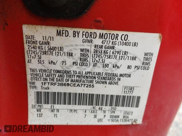 2012 Ford F-350 XL with VIN 1FTRF3B69CEA77255, listed as a Copart auction lot 72729274 with 129,898 mi miles and Clean Title. Bid and sale history available at DreamBid. Image 12.