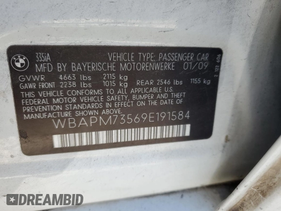 2009 BMW 3 Series 335i with VIN WBAPM73569E191584, listed as a Copart auction lot 48393405 with 190,148 mi miles and Clean title. Bid and sale history available at DreamBid. Image 12.