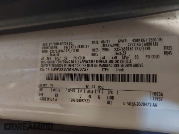2021 Ford Transit Cargo с VIN 1FTBW3X87MKA60727, выставлен на аукционе IAAI как лот 41701879 с пробегом 76 052 миль миль и . История ставок и продаж доступна на DreamBid. Изображение 9.