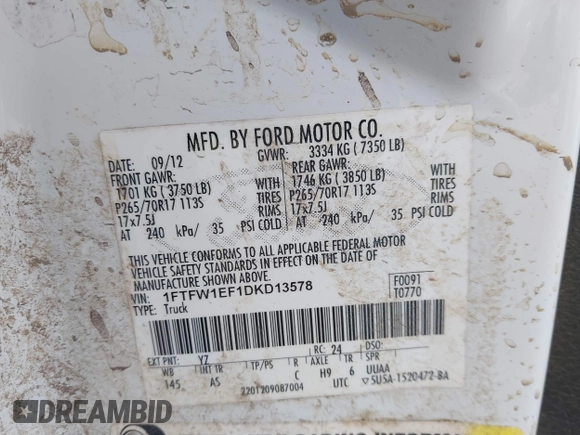 2013 Ford F-150 XL with VIN 1FTFW1EF1DKD13578, listed as a IAAI auction lot 41590263 with 192,230 mi miles and . Bid and sale history available at DreamBid. Image 9.