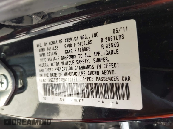 2011 Honda Accord EX with VIN 1HGCP2F7XBA130181, listed as a IAAI auction lot 42532010 with 213,284 mi miles and . Bid and sale history available at DreamBid. Image 9.
