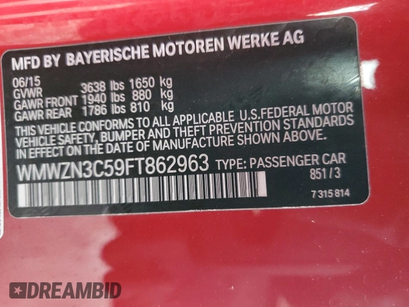 2015 MINI Convertible with VIN WMWZN3C59FT862963, listed as a Copart auction lot 86016514 with 96,493 mi miles and Salvage title. Bid and sale history available at DreamBid. Image 13.