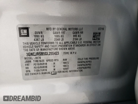 2016 Chevrolet Trax LTZ with VIN 3GNCJRSB5GL255423, listed as a Copart auction lot 86134524 with 61,776 mi miles and Salvage Title. Bid and sale history available at carsss.com. Image 14.