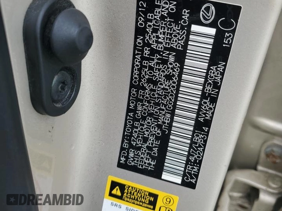 2013 Lexus ES 300h with VIN JTHBW1GG2D2006469, listed as a Copart auction lot 62922655 with 157,817 mi miles and Salvage title. Bid and sale history available at DreamBid. Image 12.